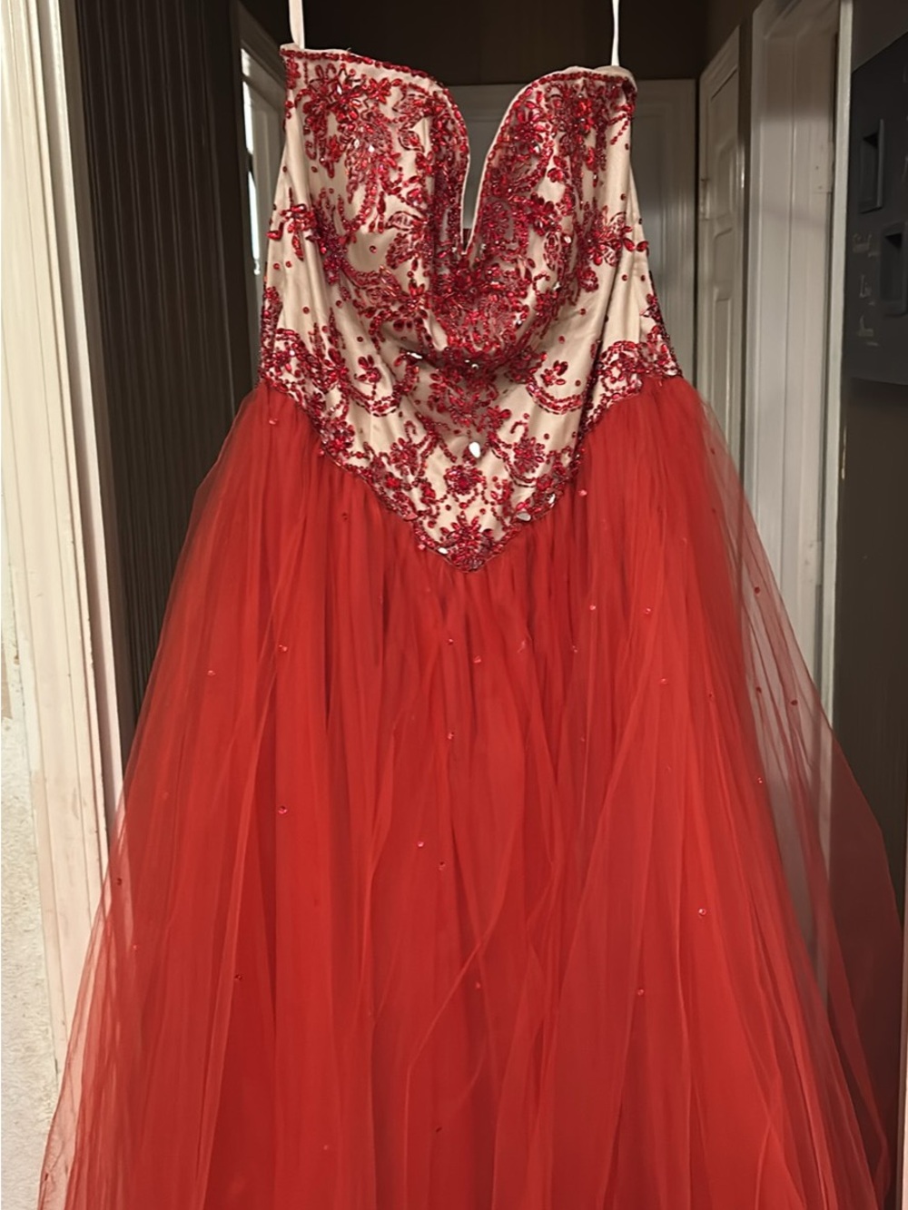 Red Embellished Tulle Prom Dress with Ivory Bodice
